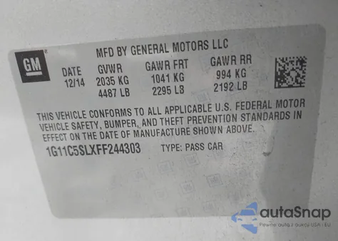 2015 Chevrolet Malibu 1Lt из США, поврежденный, VIN 1G11C5SLXFF244303